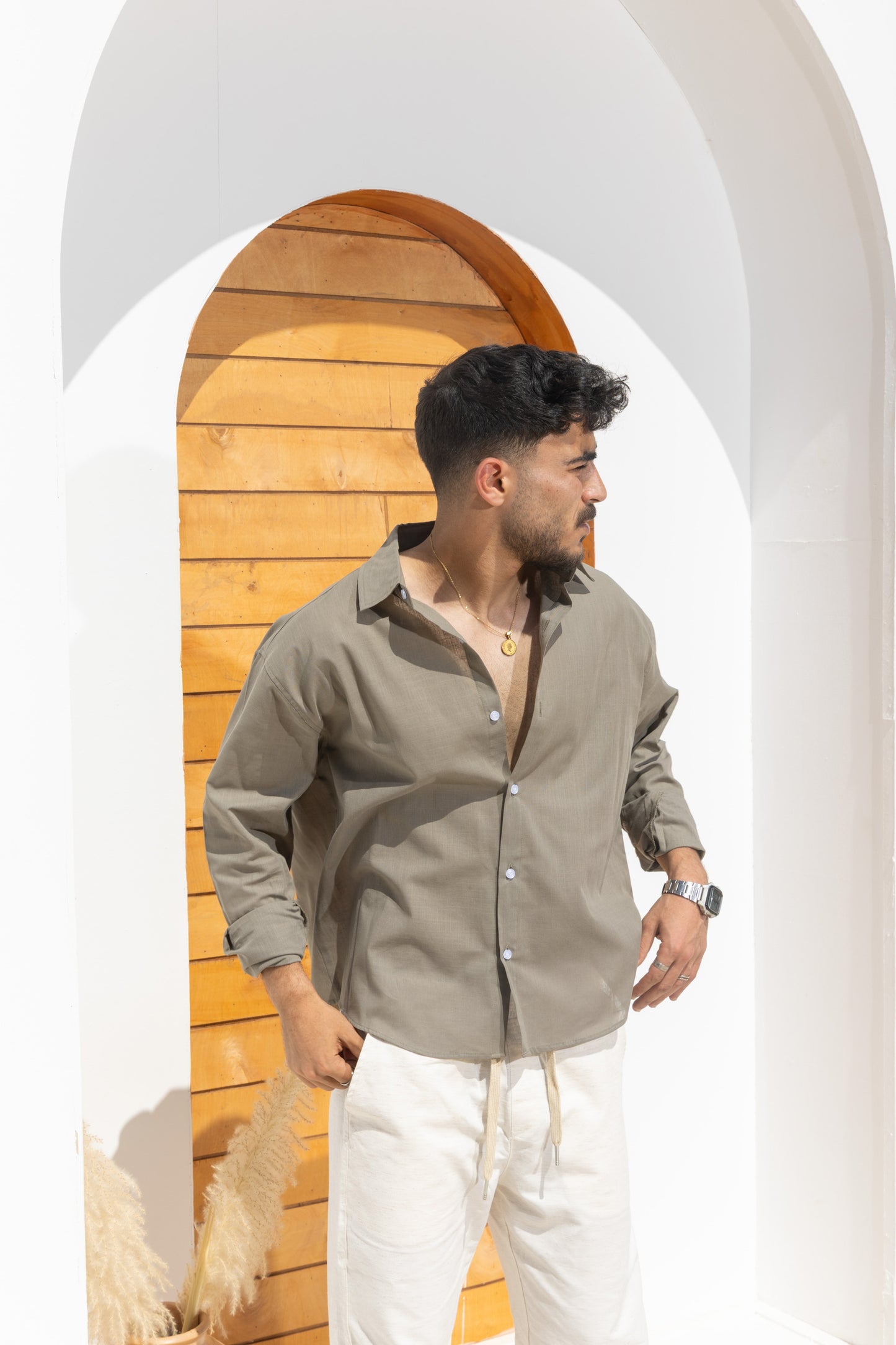 Linen blend olive shirt