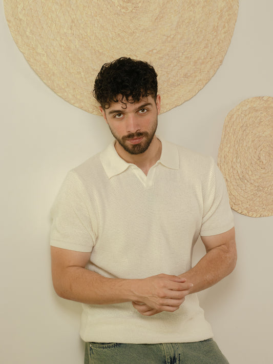 Unisex white knitted polo