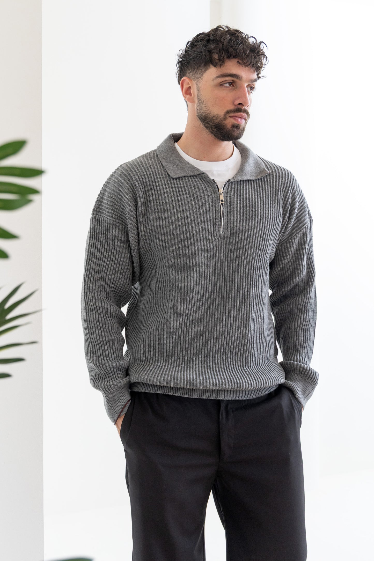 Unisex Gray Knitted Quarter Zipper