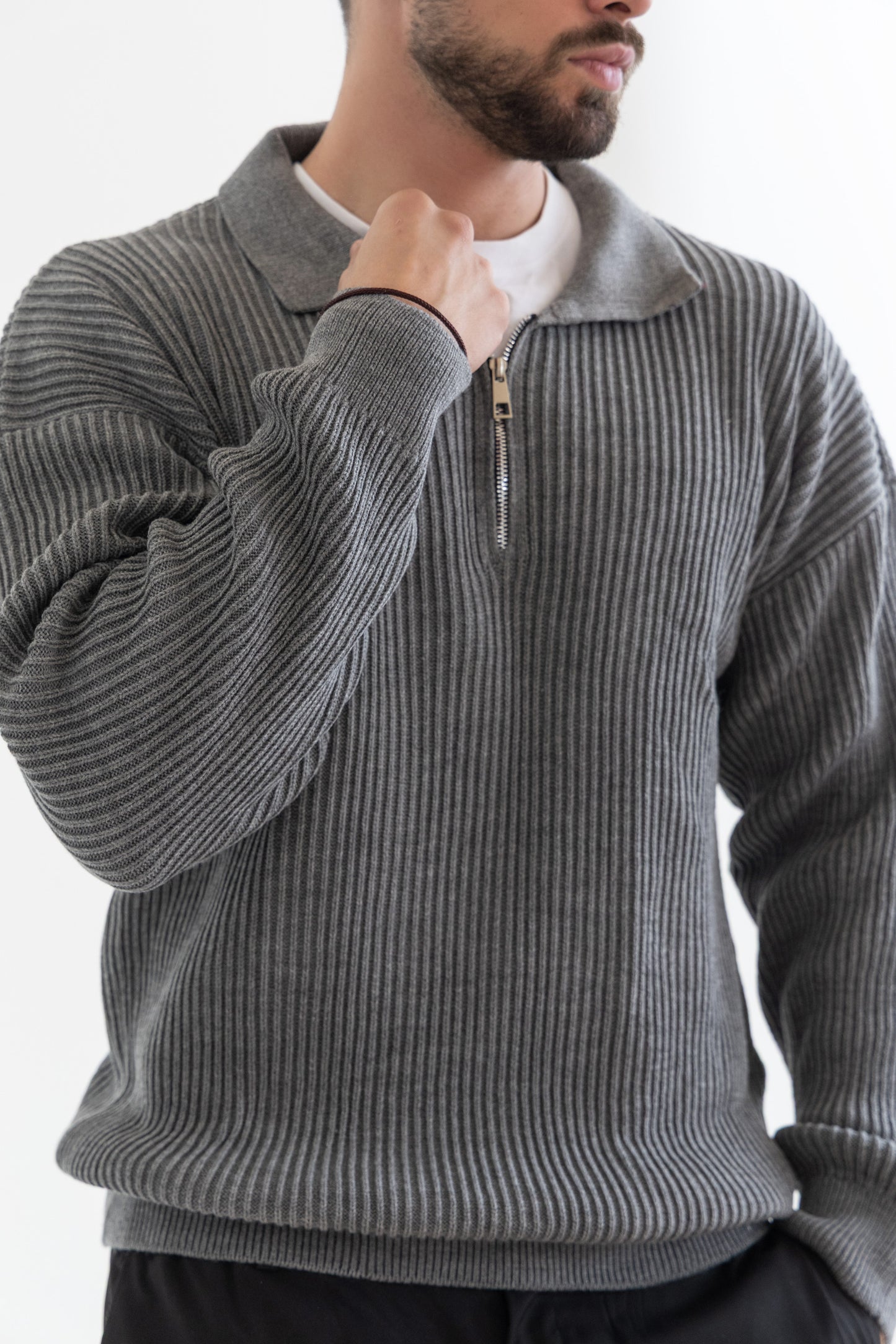 Unisex Gray Knitted Quarter Zipper