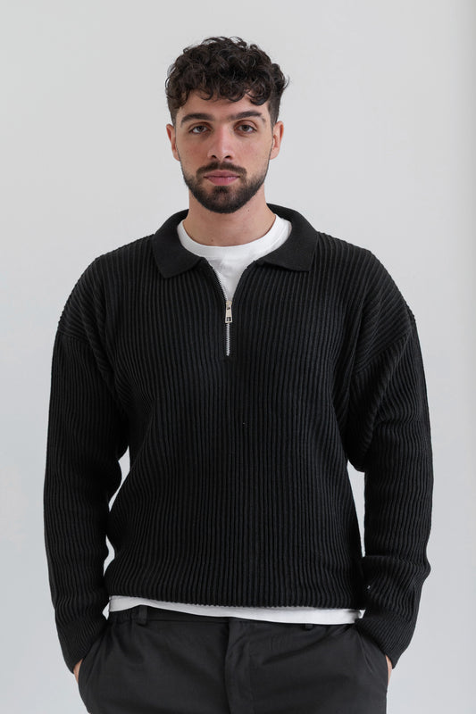 Unisex Black Knitted Quarter Zipper
