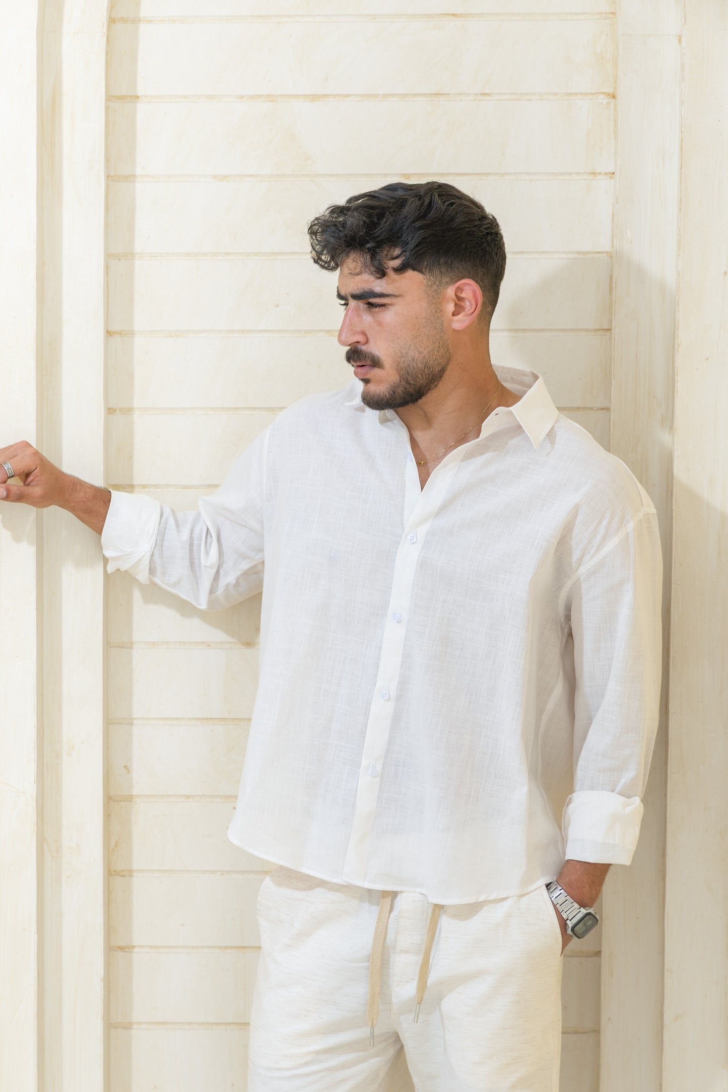 Men linen blend white shirt