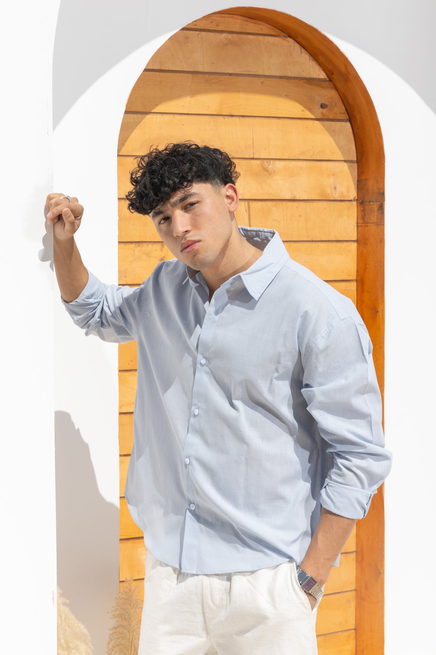 Linen blend light blue shirt