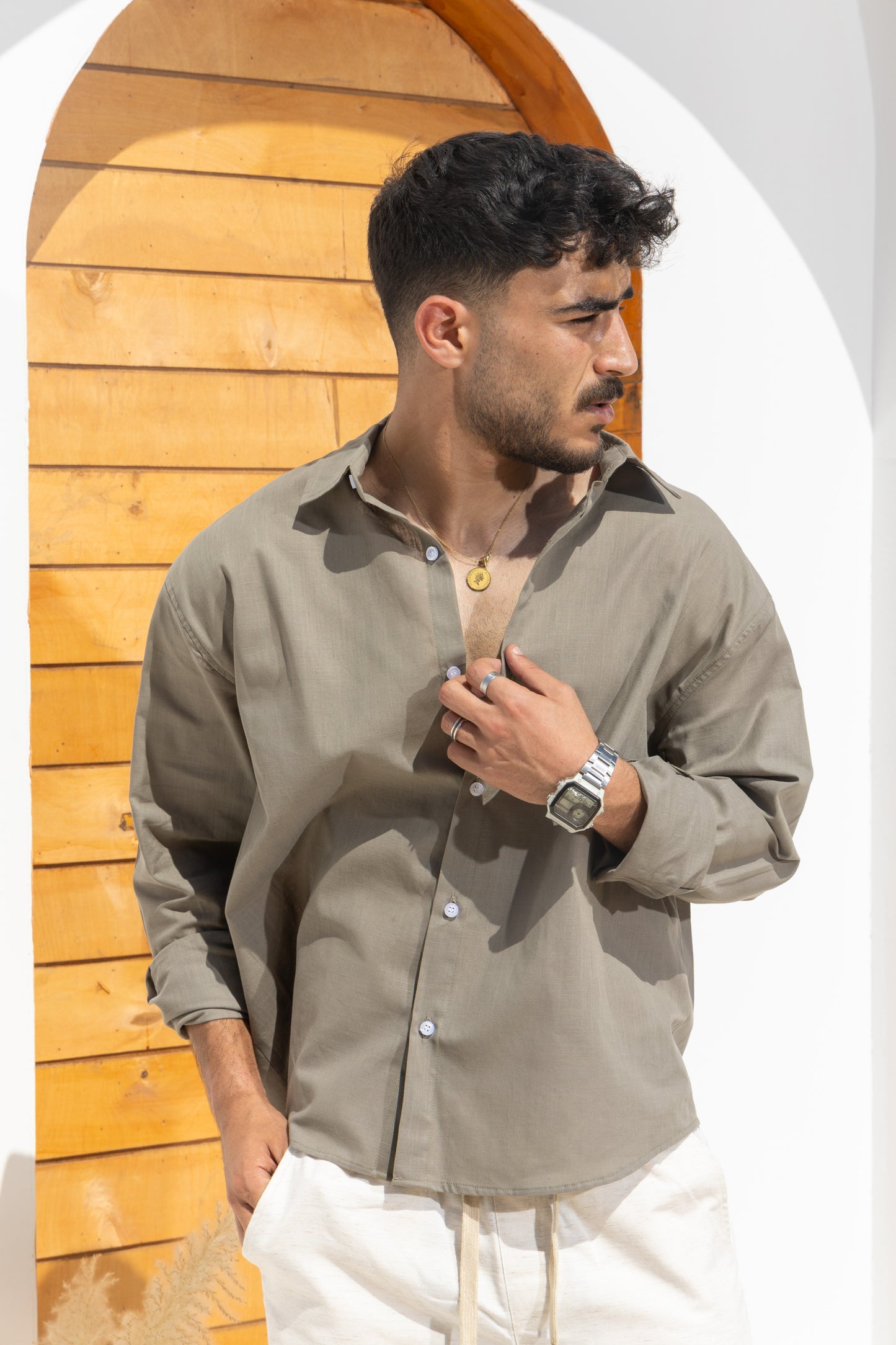 Linen blend olive shirt