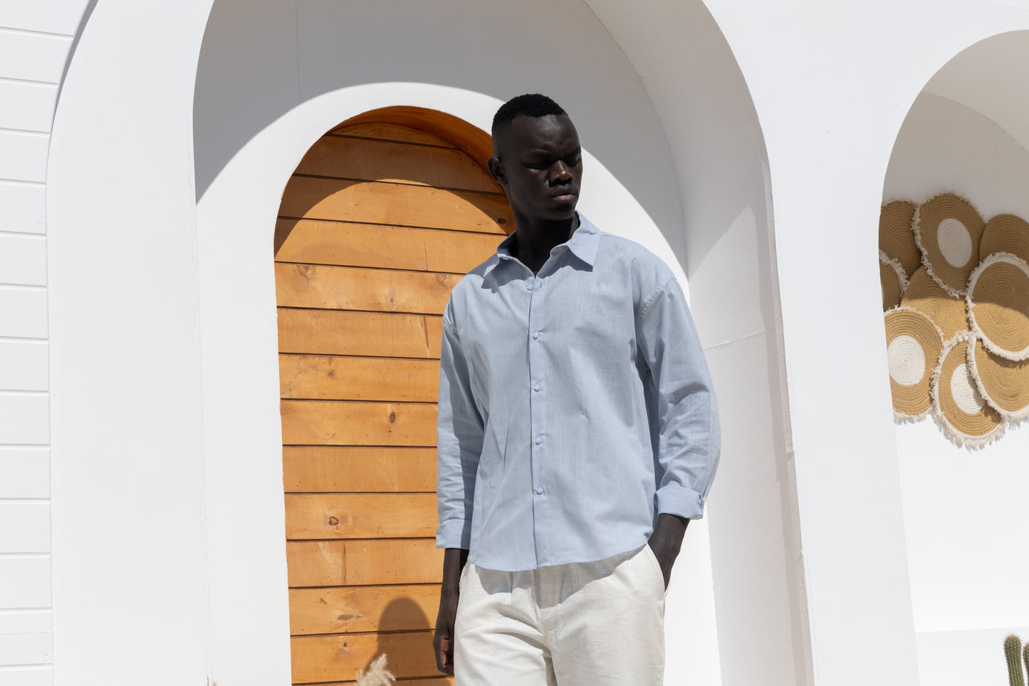 Linen blend light blue shirt